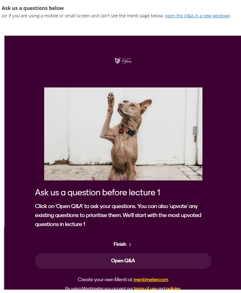 Q&A slide embedded on a VLE page with a link to 'open the menti page in a new window' above the embed